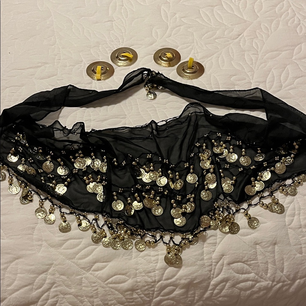 Black Belly Dance Gold Coined Hip Scarf , Veil and Gold symbols